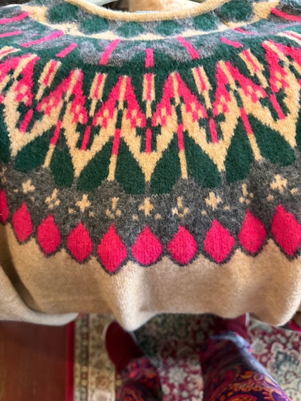 CeCe Tan Fair Isle Cowl Neck Sweater with Pink & Green Accents - Picture 5 of 6